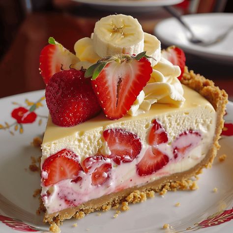 Favorite Deserts, Goodies Recipes, Cheesecake With Fruit, Dessert Ideas Recipes, Strawberry And Banana Deserts, Fruity Cheesecake, Banana Strawberry Cheesecake, Cooking Sweets, Strawberry Banana Cheesecake Pudding