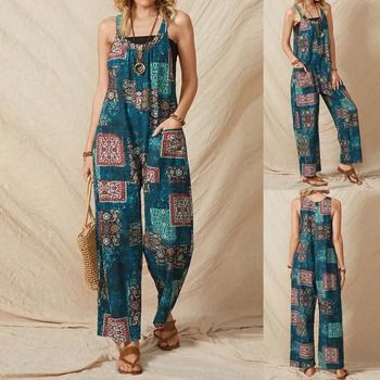 Darkstar Gems · Products · Women Loose Wide-leg Retro Style Loose Fit O-neck Jumpsuit With Cotton And Linen Pockets Printed Sleeveless Long Romper · Shopify Overalls Vintage, Womens Jumpsuits Casual, Wide Leg Romper, Suspender Pants, Suits Clothing, Print Jumpsuit, Casual Wide Leg Pants, Long Romper, Linen Jumpsuit