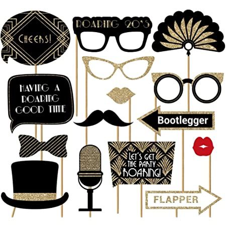 Fully Assembled Roaring 20s Photo Booth Props - Set of 30 - Black & Gold Selfie Signs - Great Gatsby Themed Party Supplies & Decorations - Cute Vintage Designs & Real Glitter - Did we Mention no DIY? Roaring 20s Photo Booth, 20s Photo Booth, Roaring 20s Party Decorations, Roaring 20s Birthday Party, 20s Party Decorations, Roaring 20s Birthday, Great Gatsby Prom, Gatsby Party Decorations, Great Gatsby Themed Party