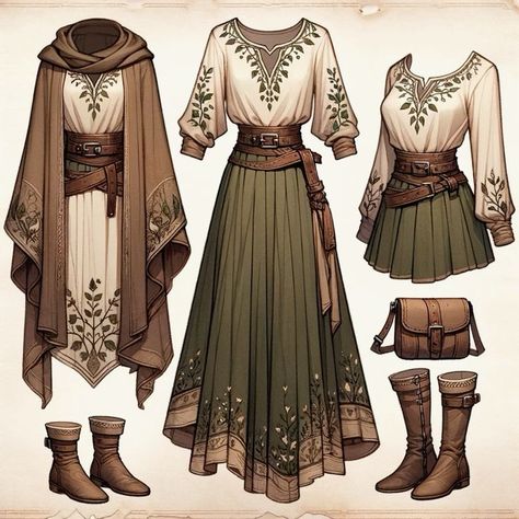 Cool Medieval Outfits, Medieval Robe Women, Modern Medival Outfits Woman, Forest Elf Outfit, Cute Fantasy Outfits, Reinassance Outfits, Villager Outfit, 1100s Fashion, Dnd Outfits Inspiration