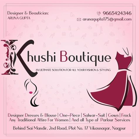 Welcome to Khushi Boutique cafelogo Designer Boutique Logo, Visiting Cards Design Fashion Boutique, Dress Shop Poster Design, Visiting Cards Design For Boutique, Boutique Caption Ideas, Visiting Card For Boutique, Boutique Board Design Ideas, Boutique Cards Design, Boutique Banner Design Ideas