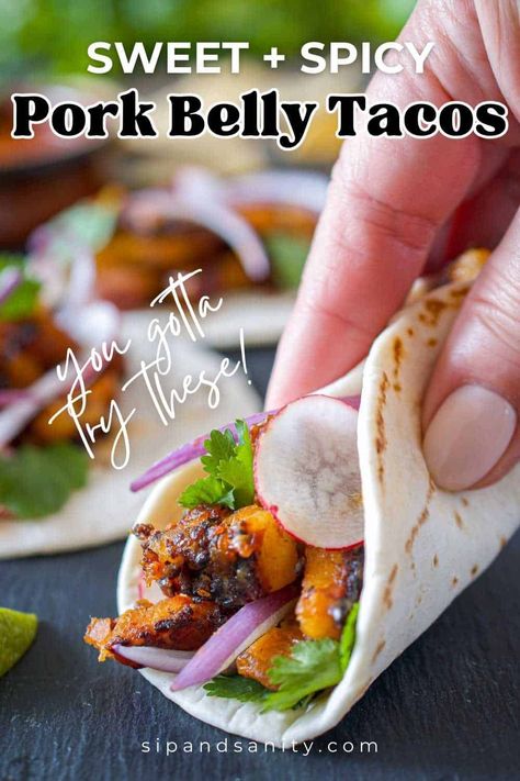 Explore a world of flavor with our Easy Pork Belly Tacos Recipe! Crispy, spicy, and oh-so-satisfying! Slow roasted for tenderness, then crisped up in a skillet and tossed with a honey chipotle salsa. These are delicious and addictive! Pork Belly Tacos Recipe, Easy Pork Belly, Spicy Pork Belly, Chipotle Pork, Pork Belly Strips, Chipotle Salsa, Pork Belly Tacos, Honey Chipotle, Crispy Pork