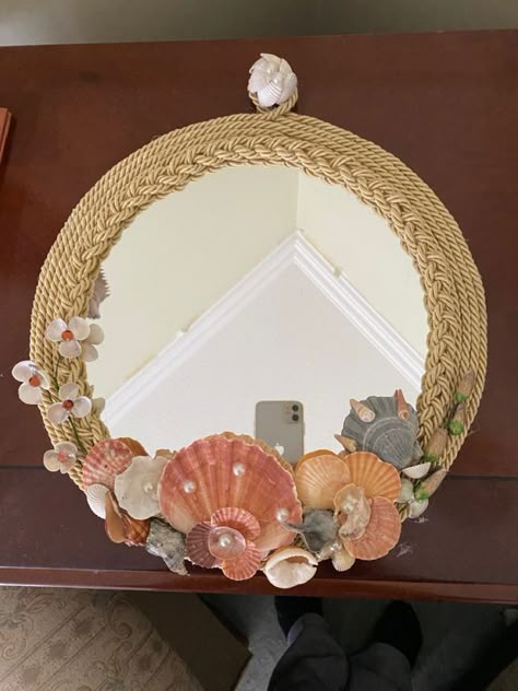 Creative Mirror Frame Ideas, Flour Clay, Diy Mirror Wall Decor, Engagement Tray, Wall Crafts, Dry Leaf Art, Colourful Stones, Diy Mirror Wall, Seashell Frame