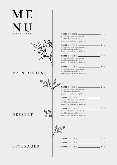 Menu Design Ideas Minimalist, Fun Menu Design Ideas, Catering Menu Template, Minimalist Menu Design Cafe, Pretty Menu Design, Large Menu Design, Fine Dining Menu Design Layout, Minimalist Menu Design Layout, Catering Menu Design Templates