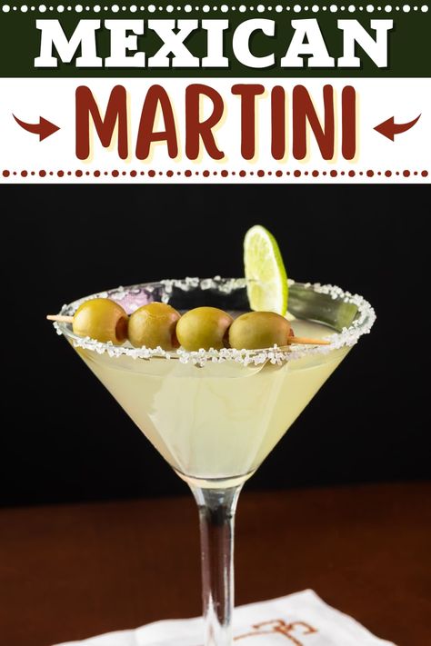 Jazz up Happy Hour with this tempting Mexican martini! It combines tequila, Cointreau, lime juice, orange juice, and olive brine. You'll love it! Olive Brine For Martinis, Mexican Martini Recipe, Tequila Martini, Sweet Martini, Margarita Salt, Olive Brine, Martinis Drinks, Mix Drinks, Smoked Sea Salt