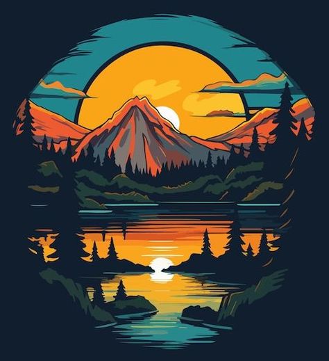 Vector the mountain in the lake art prin... | Premium Vector #Freepik #vector Vector Art Poster, Cool Vector Art, Lake Logo Design Ideas, Premium Vector Art, Mountain Vector Art, Graphic Design Art Artworks, Logo Designs Ideas, Mountain Vector Illustration, Mountains Art Painting