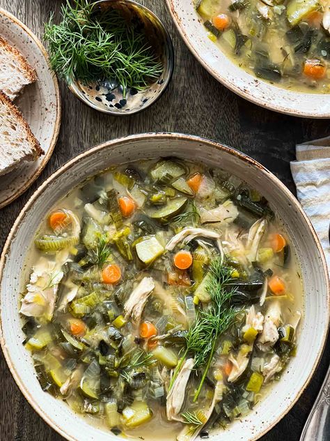 Chicken Soup with Leeks and Dill - Lemons + Anchovies Vegetable And Bean Soup, Soup With Leeks, Ginger Chicken Soup, Caldo Recipe, Leftover Roast Chicken, Leftover Potatoes, Easy Roast Chicken, Roast Chicken Leftovers, Printable Recipes