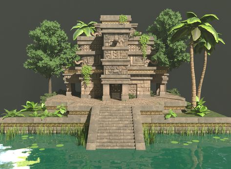 Low Poly Environment, Maya Temple, Minecraft Temple, Maya Architecture, Mesoamerican Architecture, Aztec Temple, Jungle Temple, Environment Projects, Jungle House