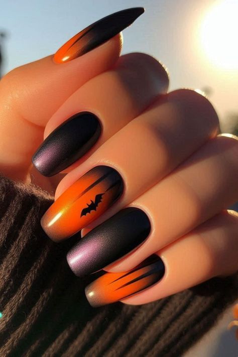 #halloween #nails  #halloweennails Nail Art Ideas Halloween, Halloween Ombre Nails Coffin, Pretty Halloween Nails Acrylic, Classy Halloween Nails Simple, Orange Black Nails, Nail 2024, Black Halloween Nails, Nail Art Halloween, Halloween Manicure