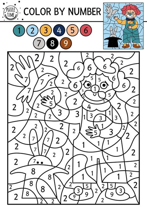 Vector circus color by number activity with clown, dove and rabbit in hat. Circus black and white counting game with cute stage performer. Funny amusement show coloring page for kids Circus Color By Number, Illustrative Math, Camp Carnival, Clown Crafts, Number Activity, Vector Landscape, Teacher Craft, Counting Games, Number Activities