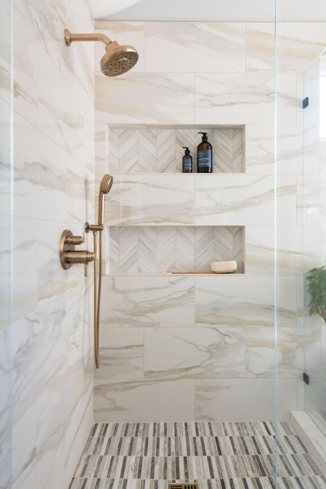 Tile With Gold Accents, Porcelain Shower Tile, Master Bathrooms Luxury, Master Shower Tile, Spa Bathroom Decor, Bathroom Lighting Ideas, Spa Inspired Bathroom, Master Bath Shower, Luxury Master Bathrooms