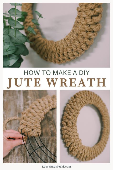 How to Make a Jute Wreath How To Make A Homemade Wreath, Burlap Wreath With Ribbon, Wrapped Wreath Ideas, Family Wreath Ideas, Diy Bead Wreath Ideas, Twine Wreath Diy, Diy White Wreath, Wreath Form Crafts, Diy Nautical Wreath