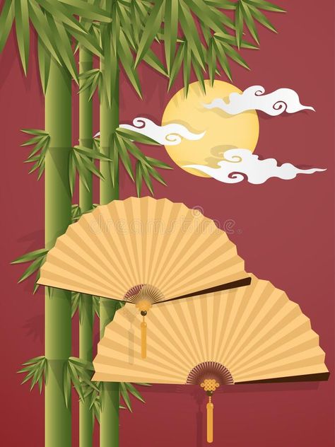 Gold Chinese folding fans, bamboo trees with full moon and clouds on red sky bac #Sponsored , #Paid, #paid, #folding, #Gold, #Chinese, #fans Chinese Fan Illustration, Red Sky Background, Card Background Design, Fan Illustration, Moon And Clouds, Bamboo Trees, Chinese Fans, Folding Fans, Chinese Fan