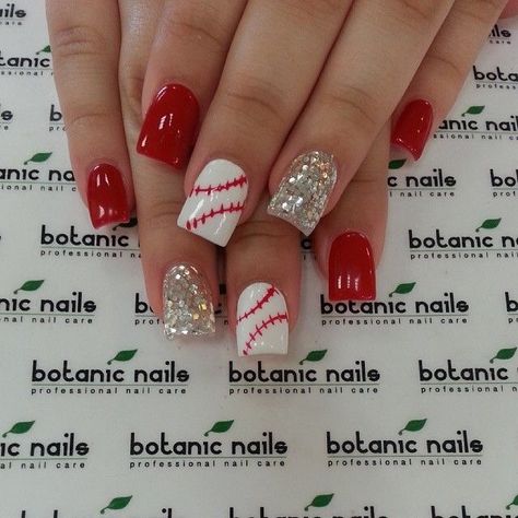 Baseball nails Baseball Nails, Botanic Nails, Sports Nails, Red Nail Art Designs, Red Nail Art, Her Nails, Get Nails, Fancy Nails, Nail Arts