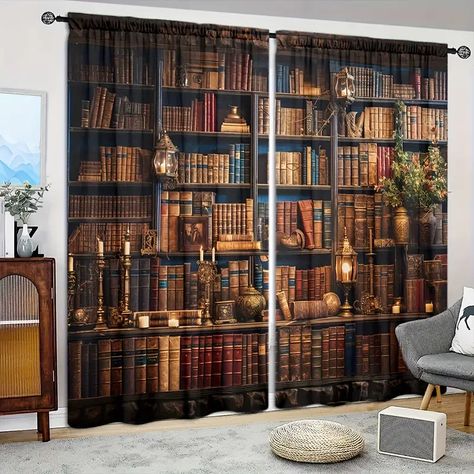 Retro Bookshelf Pattern Curtain Rod Pocket Semi Sheer Window - Temu Vintage Bookshelf, Pocket Window, Bedroom Drapes, Pocket Curtains, Living Room Windows, Home Curtains, Curtain Patterns, Office Kitchen, Printed Curtains