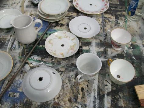 How to drill china such as teacups and saucers to make lamps, dessert plates and more. You will need a diamond bit, a good drill and some patience.  #MyRepurposedLife #repurposed #glassware #drillchina How To Drill Holes In China Plates, Ceramic Upcycle, Old China Repurpose, Teacup Lamp, Tea Cup Lamp, Saucer Lamp, Repurposed China, Teapot Lamp, Cup And Saucer Crafts