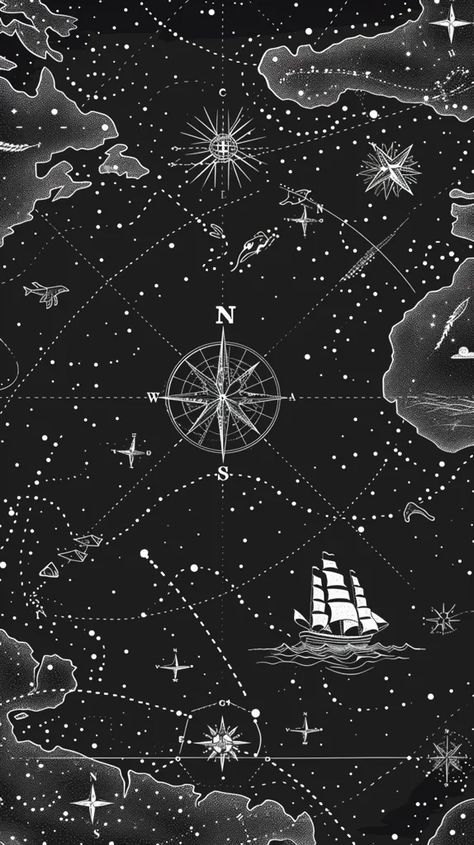 Midjourney AI Image: mystical black and white travel pattern dotted lines on the map --ar 9:16 → more in ai-img-gen.com Vintage Compass Aesthetic, Geography Design, Nautical Navigation, Stream Layout, Dark Starry Night, Ship Sails, Night Sky Map, Travel Pattern, Inktober 2024