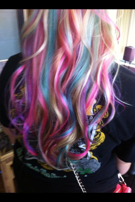 Pastel hair. Pink, purple and blue on bleach blonde hair. Love my hair! Cotton candy hair Blonde Pink And Blue Hair, Pastel Hair Pink, Abbie Bominable, Blue Hair Streaks, Blue And Pink Hair, Purple Hair Highlights, Medium Length Blonde Hair, Hair Dolls, Purple Ombre Hair