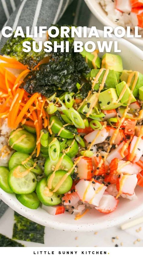 Easy California Roll Sushi Bowls feature perfectly cooked Japanese sushi rice, imitation crab, bright veggies, and spicy sriracha mayo sauce. Recipes With Immitation Crab, Crabmeat Sushi Rolls, Sushi Bowl Crab Meat, Crab Sushi Bowl Recipe, Crab Asian Recipes, Imitatation Crab Recipe Ideas Keto, Imitatation Crab Recipe Ideas Healthy, California Rolls Recipe Easy, Imitated Crab Recipes Sushi Bowl