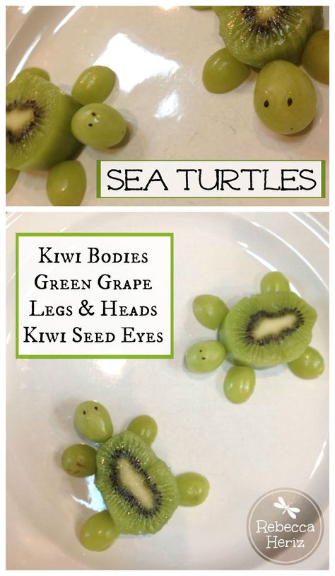 Sea Turtle snack.  Kiwi, grapes and kiwi seeds for eyes.   #Healthy #snack #kids Turtle Snacks, Turtle Baby Shower, Kiwi Seeds, Turtle Birthday Parties, Birthday Party Ideas For Kids, Party Ideas For Kids, Decorações Com Comidas, Ocean Birthday, Kids Healthy