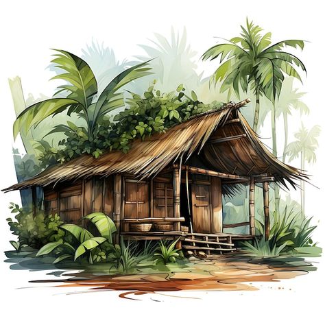 Download this Premium Photo about Watercolor Cottage of Bamboo Hut Woven Palm Leaf Decorations Earthy Greens and Bro Art 2D Vector, and discover more than 1 Million Professional Stock Photos on Freepik Bahay Kubo Design Philippines, Bahay Kubo Design, Jungle Hut, Bappa Decoration, Bamboo Hut, Bamboo Village, Bamboo Drawing, Watercolor Cottage, Earthy Greens