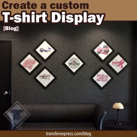 Learn how to create your own custom t-shirt display for your apparel business using pellon sheets and screen printed transfers! More ideas at TransferExpress.com How To Display Tshirts On Wall, Display Tshirt Ideas, T Shirt Display Ideas Wall Art, Graphic Tee Display, What Disply To Use For Rolled Up Tshirt In A Gift Shop, T Shirt Display, Household Crafts, Apparel Business, T-shirt Display