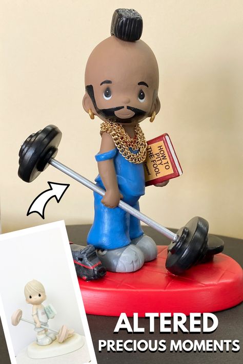 Hey all you Gen Xers out there who loved the A-Team as much as we did! See how we transformed this Precious Moments figurine into Mr. T! #alteredmoments #80skid #GenX #ateam Altered Precious Moments Figurines, Altered Figurines, Altered Moments, 80s Icons, Precious Moments Dolls, Mr T, Scrap Art, Clay Paint, Precious Moments Figurines