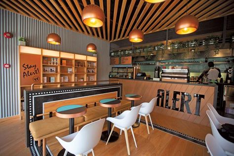 Restaurant Lighting Design, Wood Slat Ceiling, Coffee Shop Lighting, Rooftop Restaurant Design, White Mosaic Tile, Interior Wall Sconces, Casual Dining Restaurant, Restaurant Lighting, Fast Casual