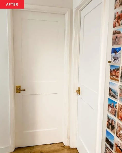 I Upgraded My Interior Doors & Now My Whole Home Looks Better | Apartment Therapy Interior Doors Craftsman Style, Door Frame Upgrade, Modern Front Doors Ideas, Upgrade Interior Doors Diy Projects, Interior Doors Before And After, Interior Door Redo Diy, Modern Home Doors Interior, Old Wood Door Makeover, Update Flat Interior Doors