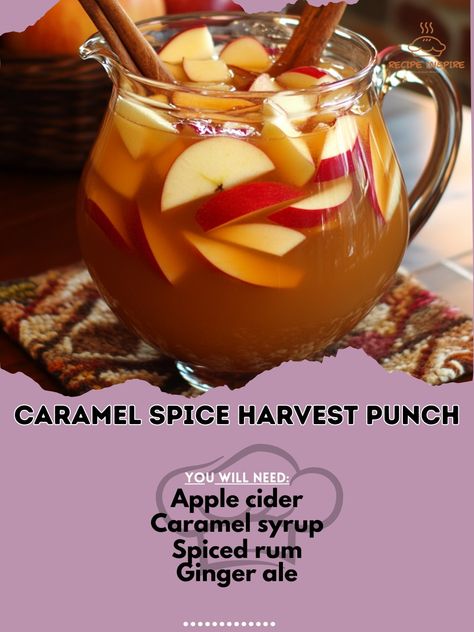 🍹🍬 Caramel Spice Harvest Punch – A sweet and spicy punch perfect for autumn festivities. Easy to make and oh-so-delicious! 🍂✨ #HarvestPunch #CaramelSpice Caramel Spice Harvest Punch Ingredients: Apple cider (3 cups) Caramel syrup (1/4 cup) Spiced rum (1/2 cup) Ginger ale (2 cups) Cinnamon sticks (2) Apple slices (1) Ice (as needed) Instructions: In a large pitcher, combine apple cider, caramel syrup, and spiced rum. Stir in cinnamon sticks and apple slices. Chill, then top with ginger ale... Harvest Punch, Cider Caramel, Apple Cider Caramel, Drinks Ideas, Apple Cider Caramels, Caramel Syrup, Rum Punch, Spiced Rum, Punch Recipes