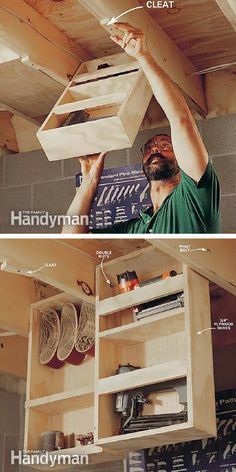 Attic Storage Solutions, Organising Ideas, Workshop Shed, Diy Garage Door, Basement Storage, Storage Shed Plans, Diy Shed Plans, Attic Storage, Diy Garage Storage