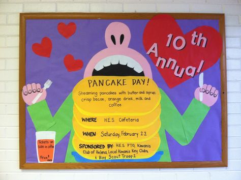 Pancake breakfast bulletin board Holiday Pancakes, Science Board, Pta Ideas, Pto Ideas, Science Boards, Pancake Breakfast, Door Decs, Orange Drinks, Baby Shower Brunch