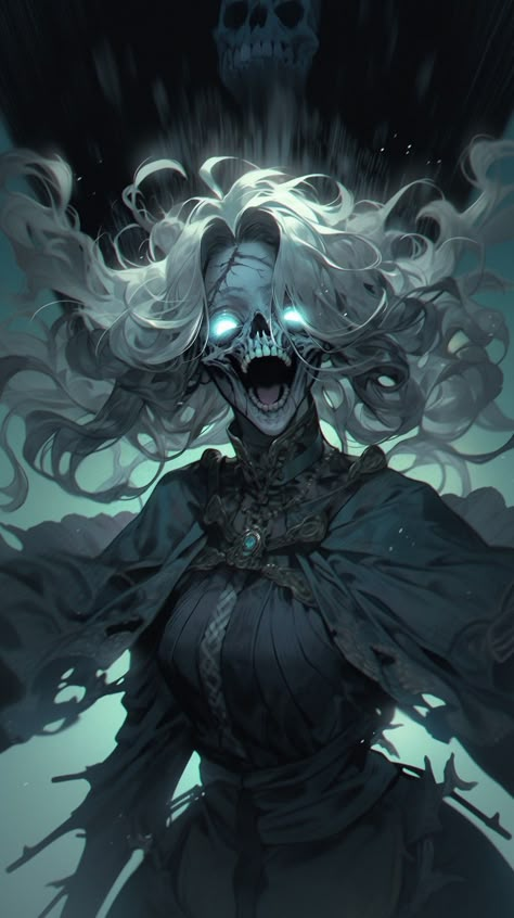 Known as 'wailing ghosts', Banshee's are incredibly dangerous undead! Often spirits of elven woman that were selfish and strong willed, create a Banshee. With their new form ironically embodying hideousness. Their signature wail is capable of dropping the living in an instant! Dnd Banshee Art, Banshee Ghost Art, Banshee Fantasy Art, Undead Woman Art, Fantasy Spirit Art, Dnd Banshee, Banshee Character Design, Evil Spirits Art, Dnd Ghost Art