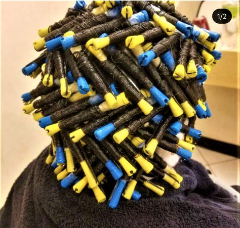 Yellow And Blue Perm Rods Short Hair, Blue Rod Perm, Perm Rods Short Hair, Blue Perm Rods, Medium Perm, Short Hair Perm, Perm Short Hair, Perm Ideas, New Perm