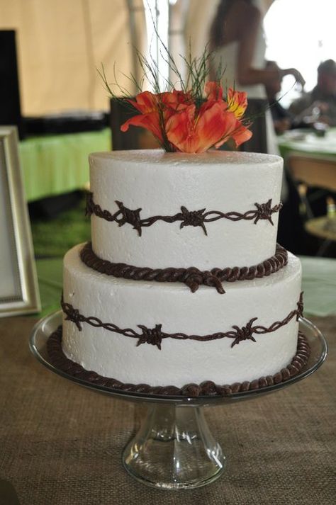 Barbwire Cake by McClain Creations Western Wedding Cakes 2 Tier, Western Theme Cake Ideas, Western Graduation Cake Ideas, Country Sweet 16 Cakes, Country Cake Ideas, Country Wedding Cake Ideas, Western Cake Ideas Birthday, Western Cakes Birthday Men, Western Sweet 16 Cakes