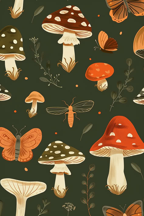 Wall Art Mushroom, Fall Mushrooms Wallpaper, Fall Cottagecore Aesthetic Wallpaper, Halloween Mushroom Wallpaper, Autumn Phone Wallpaper Cute, Mushroom Asthetic Wallpers, Cottage Core Fall Wallpaper, Cottage Core Iphone Wallpaper, Cute Fall Desktop Wallpaper