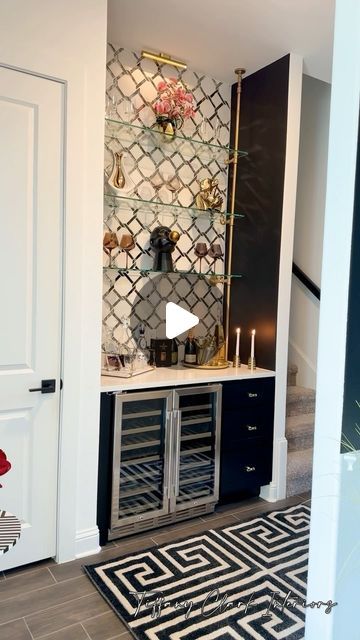 Tiffany Clark on Instagram: "How dope is this bar!? I added the Custom Gold + Glass floating shelves • The Wine fridge • The Custom Drawers + Countertop build-in. I’m loving the outcome! 🥂 

•
#explorepage #explore #interiorstyling #fyp #interiordesign #blackinteriordesigner #bar #barlife #bardesign #bardecor #interiors #interior #interiordecor #interiordecorating #homedecor #homedecoration #homeinspiration #homeinterior #homestyling #amazonfinds #amazonprime #ltkhome #ltkunder50 #ltksalealert #luxuryhomes #luxuryrealestate #viral" Wine Cooler Cabinet Ideas, Wine Fridge Cabinet Built Ins, Small Wine Room, Glass Floating Shelves, Wine Fridge Cabinet, Custom Drawers, Wine Fridge, Gold Glass, Wine Cooler