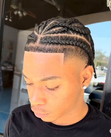 Cornrows With Line Up Men, Front Taper With Braids, Two French Braids Men, Two Braid Cornrows, Drop Fade Cornrows, Diagonal Cornrows, Drop Fade Braids, High Top Cornrows Men, Braids With Taper Fade