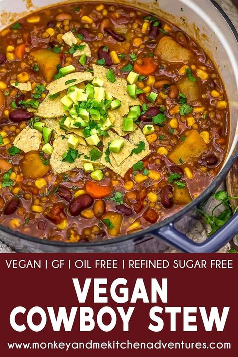 Delicious, healthy, and oil-free, this Instant Pot Vegan Cowboy Stew recipe is a perfect southwestern comfort meal the whole family will love. Cowboy Stew Recipe, Cowboy Stew, Monkey And Me Kitchen Adventures, Instant Pot Vegan, Monkey And Me, Canned Lentils, Cowboy Beans, Plant Based Soups, Vegan Stew