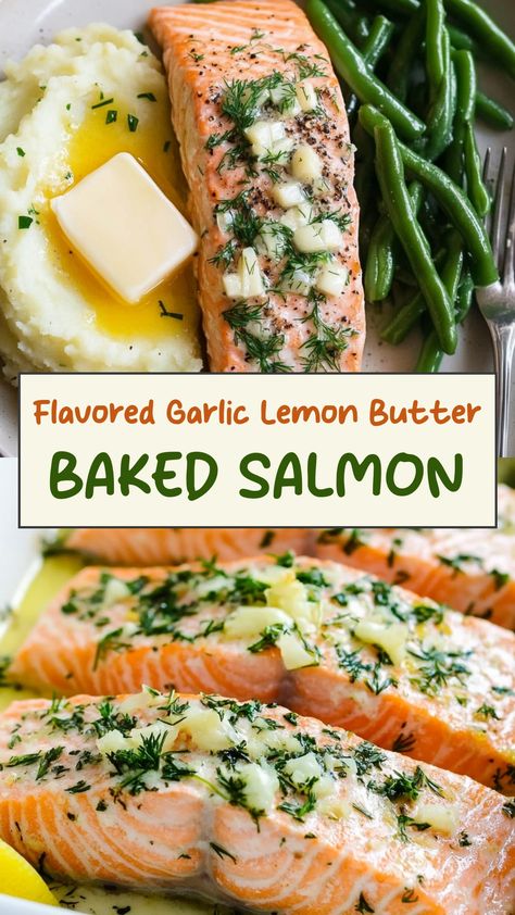 Indulge in a delicious meal with this garlic lemon butter baked salmon recipe. The combination of flavors is simply mouthwatering, creating a dish that is both light and flavorful. This recipe is perfect for a quick weeknight dinner or even for entertaining guests. Whether you're a seafood lover or just looking to try something new, this dish will definitely not disappoint. The tender salmon paired with the tangy lemon and rich butter creates a harmony of tastes that will leave you wanting more. What To Eat Salmon With, Lemon Marinade For Salmon, Cozy Salmon Recipes, Salmon Herb Butter, Baked Salmon Fillet Recipes, Herb Butter For Salmon, Lemon Butter Salmon Recipes, Different Ways To Cook Salmon, Oven Cooked Salmon Recipes