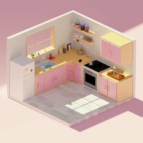 Isometric Kitchen Design, Isometric Bathroom Illustration, Isometric Kitchen Illustration, Blender Room Design, Blender 3d Illustration, Kitchen 3d Design, Blender Room, Isometric Kitchen, Farmhouse Room Decor