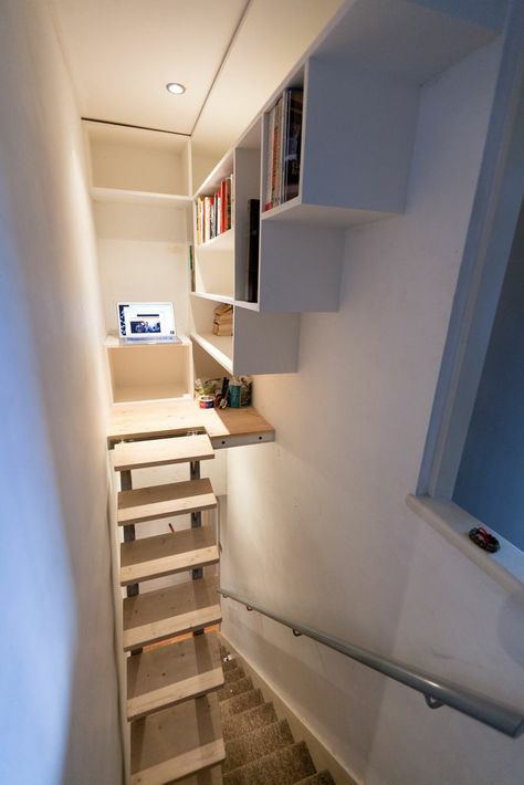 Stairs For Tight Spaces, Space Above Stairs, Over Stairs Storage, Stairs Remodel, Stairway Storage, Remodel Stairs, Staircase Storage, Stair Remodel, Basement Stairs