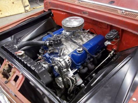 460 ci Big-Block V8 in a 1965 Ford F-100 built by Big Oak Garage Blue Ford Truck, Oak Garage, Engine Rebuilding, Hot Rod Truck, Ladder Bar, Auto Maintenance, Car Tech, Detroit Diesel, Coin Art