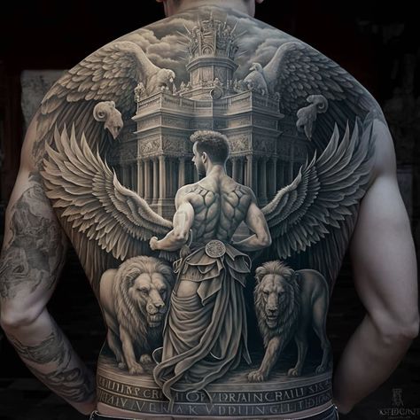 roman warrior in venice surrounded by two lions prepares for his next fight in the arena Roman Back Tattoo Men, Greek And Egyptian Mythology Tattoos, Roman Lion Tattoo, Roman Back Tattoo, Man In The Arena Tattoo, Mythology Back Tattoo, Back Tattoo Men Full, Colleseum Rome Tattoo, Greek Mythology Back Tattoo