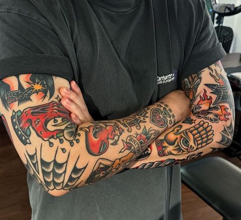 Tattoos All Over, Traditional Tattoo Forearm Sleeve, Trad Wrist Tattoo, Full Traditional Sleeve, Men Traditional Tattoo Ideas, Men’s Traditional Arm Sleeve, American Traditional Leg Sleeve Men, Half Color Half Black Tattoo Sleeve, Inner Bicep Traditional Tattoo