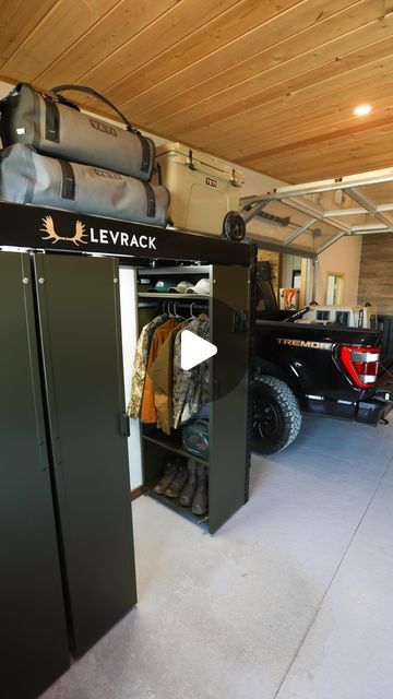 Levrack on Instagram: "One of our favorites! #ShelvingReimagined #ProvenEverywhere #MadelnAmerica #LevrackSystem #GarageOrganization #GarageGoals" Levrack Storage System, Gear Room Organization, Hunting Garage, Organizing Garage, Gear Room, Man Garage, Garage Design Interior, Gear Storage, Retirement House