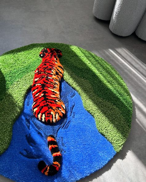 Tiger in the pond 🍃🐅 Our own design with 3 kings of pile ✂️ Available for purchase 🛒 link in bio . . #tigertattoo #customrug #homedecor #flooring #rug #nature #tuftedart #ruglife #homedesign #naturelovers #decorating #carpet #tufting #homedecoration #bohodecor #vintagerug #modernrug #tigers #rugshopping #tiger Tiger Tufted Rug, Rug Ideas Tufting, Pond Rug, Carpet Tufting, Tufting Art, Tufting Diy, Weird Furniture, 3 Kings, Tiger Rug