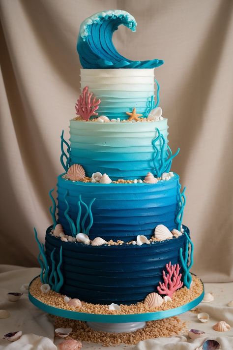 Ocean Wave Cake with Coral and Seashell Decorations Ocean Theme Fondant Cake, Water Themed Birthday Party Cake, Sea World Cake, Ocean Cakes For Kids, Birthday Cake Aesthetic Blue, Ocean Wave Cake, Ocean Baby Shower Cake, Birthday Cake Ocean, Fondant Coral