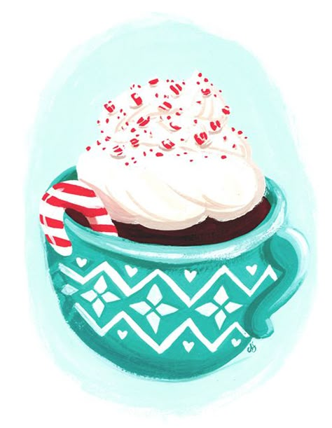 4 Ways to Use Candy Canes! Recipes & DIY ideas | Illustration by Ann Shen for Freutcake Hot Cocoa Illustration, Chocolate Drawing, December Journal, Peppermint Cocoa, Winter Things, Candy Cane Wreath, Background Desktop, Food Drawings, Holiday Wallpaper