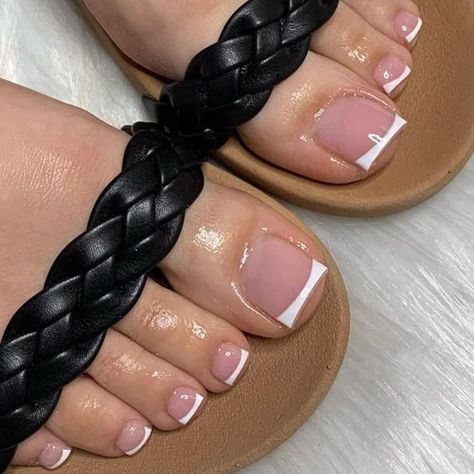 more in telegram French Tip Nails Toe Nails, Classic Pedicure Toe Nails, Nude French Tip Toes, White French Tip Toe Nails, Baby Pink Toe Nails, White French Toes, French Tip Toes With Rhinestones, Toenail Inspiration, Pink And White French Tip Toes